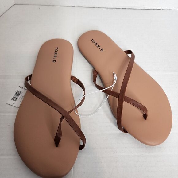 7W Extra Wide Width Brown Cross Toe Ring Sandal Cushion Torrid Flip Flop Cognac - Picture 2 of 10